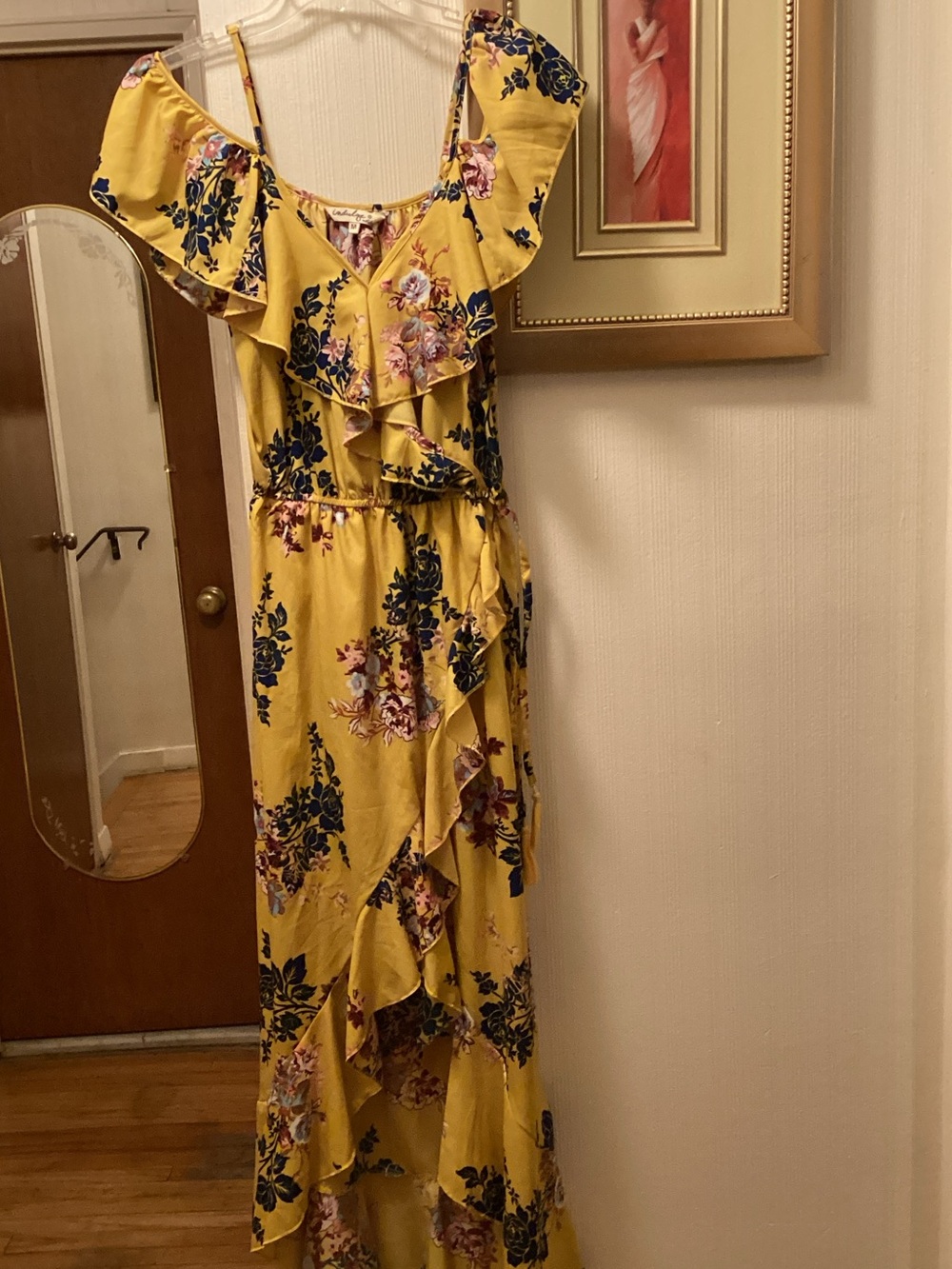 indulge Yellow Floral Ruffle Maxi Dress with Navy & Pink Accents SZ M $19